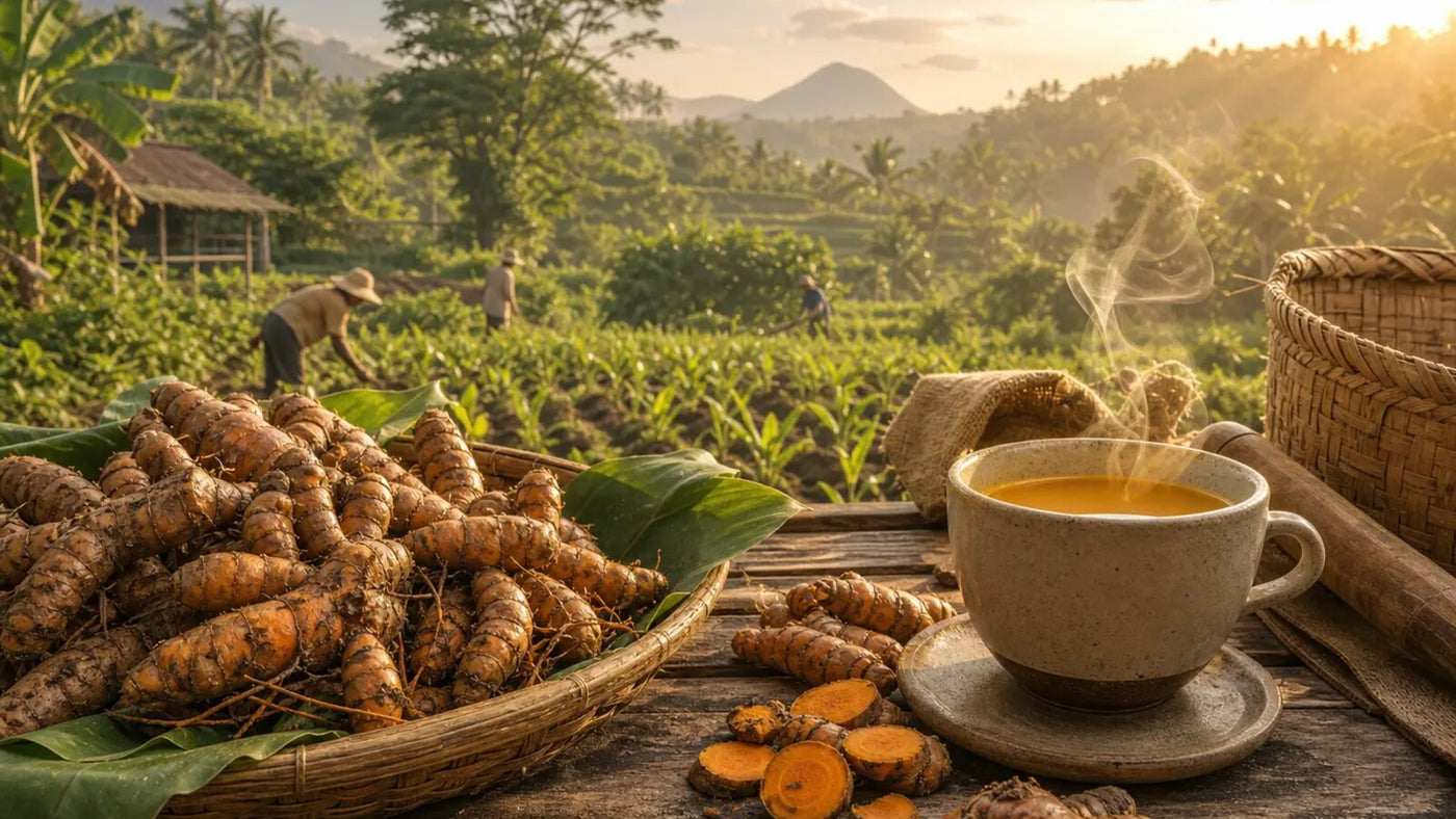 Warm turmeric golden milk with fresh turmeric roots on a Philippine farm table