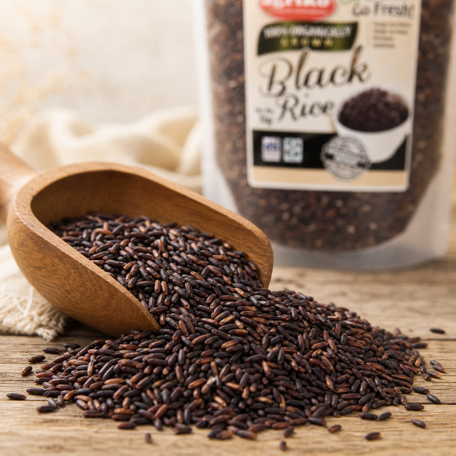 Raw organic black rice grains with Agriko pouch