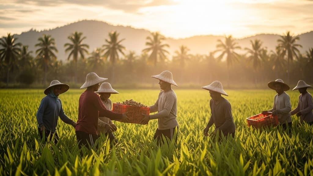 Filipino farmers harvesting turmeric together