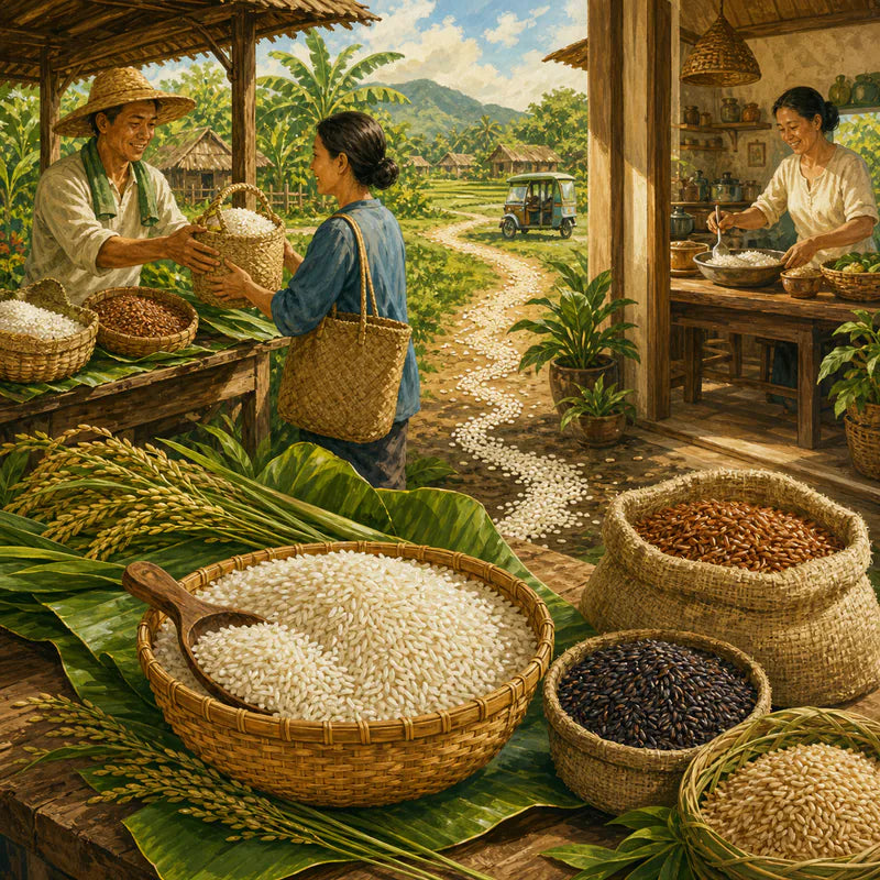 Farm-to-home organic rice buying scene with woven baskets and Philippine farm stand