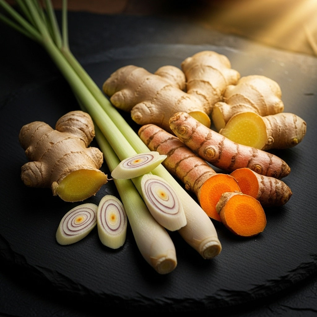 Agriko turmeric and ginger herbal ingredients photographed in warm natural light