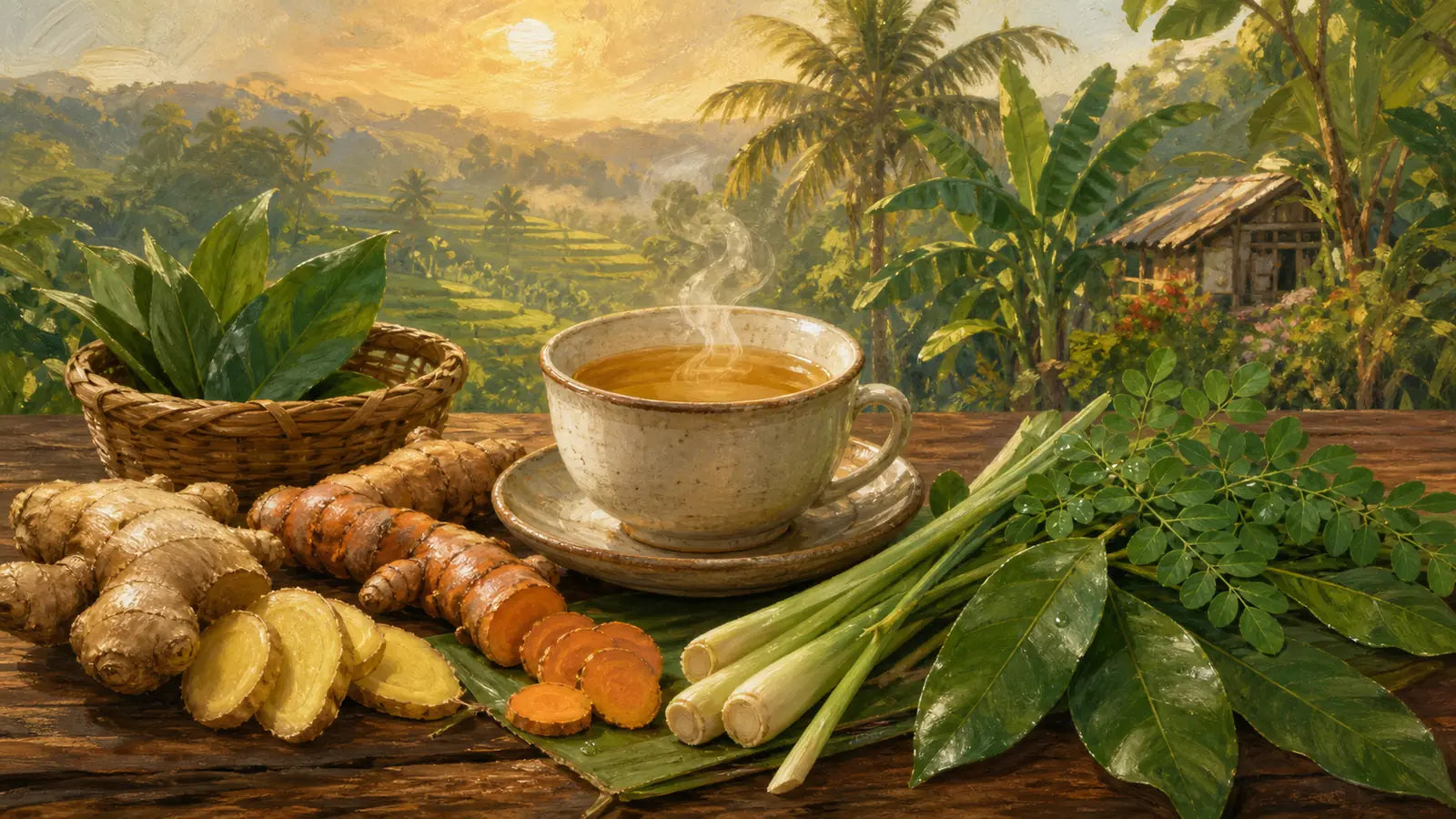 Philippine herbal tea with ginger, turmeric, lemongrass, moringa, and guyabano leaves