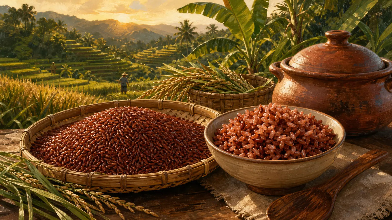 Uncooked and cooked Philippine red rice overlooking sunlit rice terraces