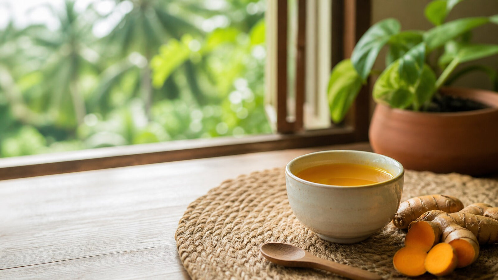 Freshly brewed turmeric tea with sliced turmeric root in a Philippine kitchen