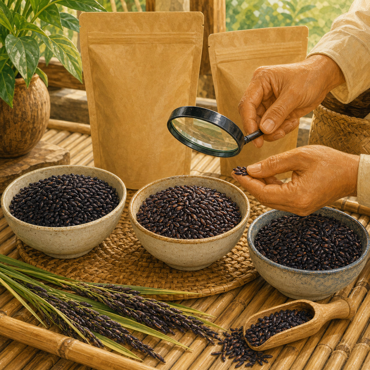 Black rice samples in ceramic bowls being compared for grain quality