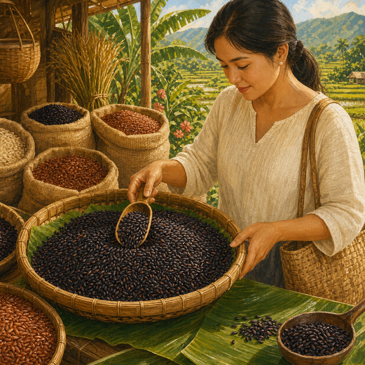 Filipino shopper scooping black rice from a woven market tray