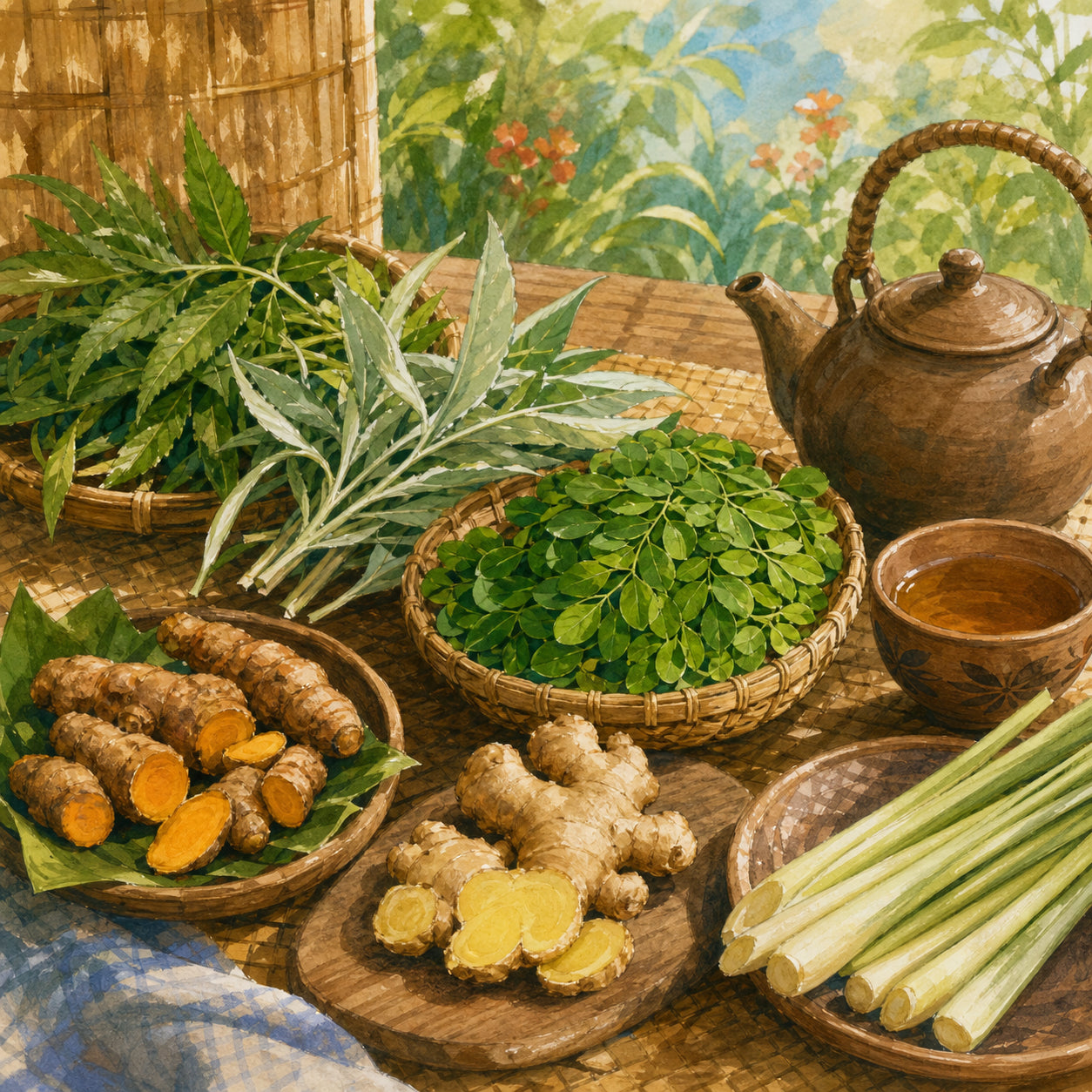 Filipino herb garden at golden sunrise