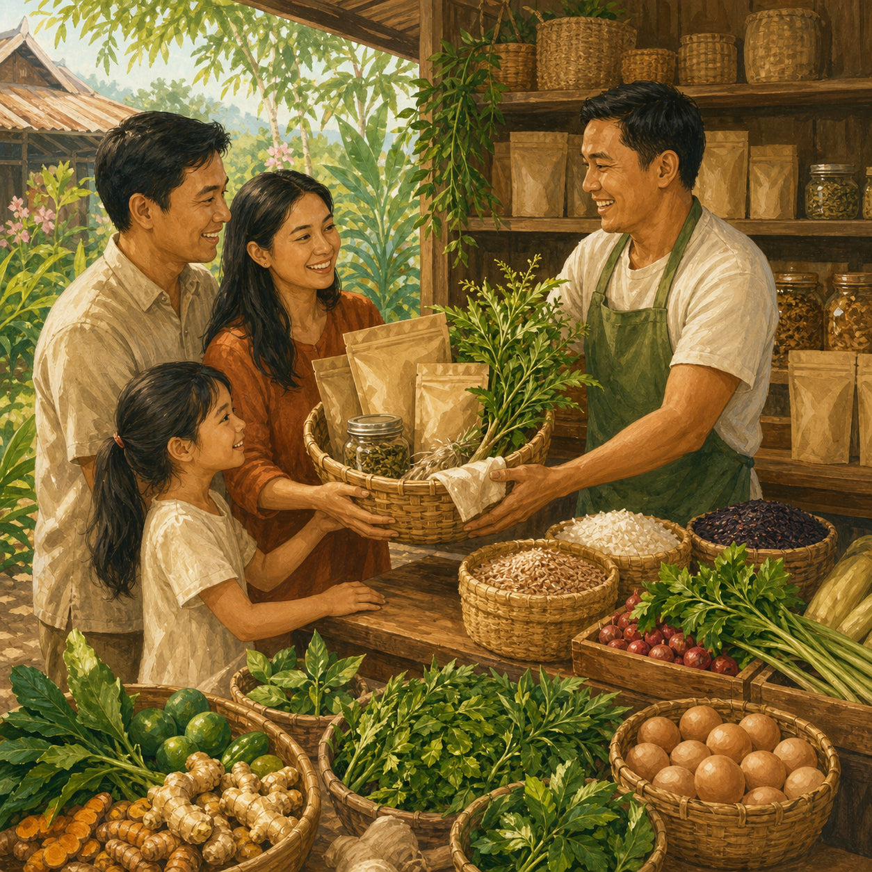 Filipino family receiving a basket of organic goods from a trusted distributor