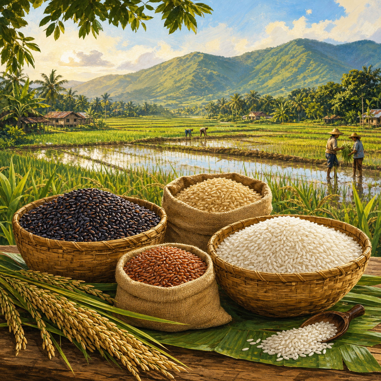 Baskets of Philippine organic rice varieties beside a rice field