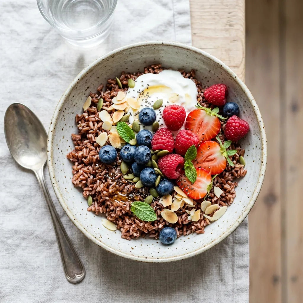A nourishing rice bowl made with Agriko organic red rice, topped with seasonal ingredients and house dressing