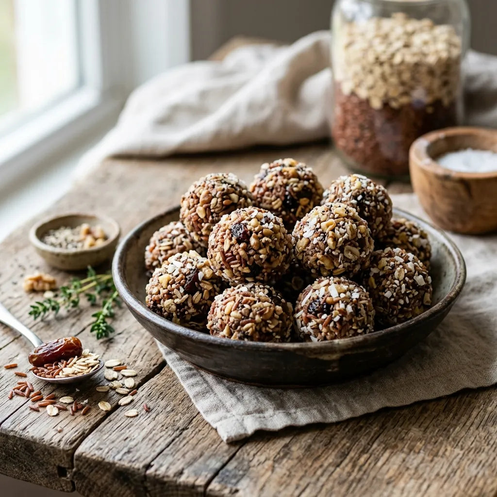 A delicious Red Rice and Oat Energy Balls dish made with Agriko organic red rice, a wholesome Filipino-inspired recipe