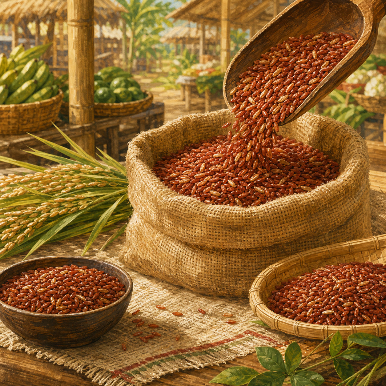 Red rice grains pouring from a wooden scoop into a woven sack