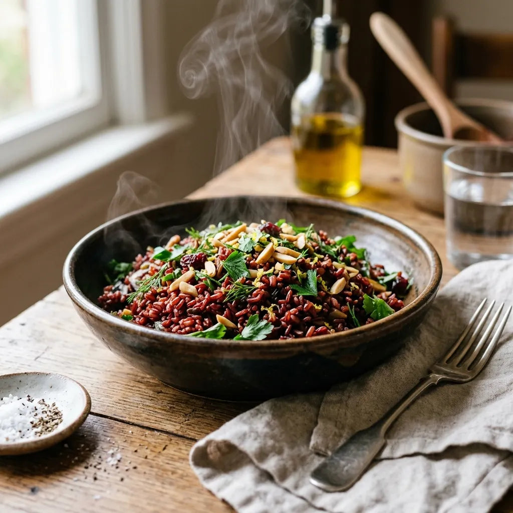 A fragrant rice pilaf made with Agriko organic red rice, cooked with aromatic spices and fresh herbs