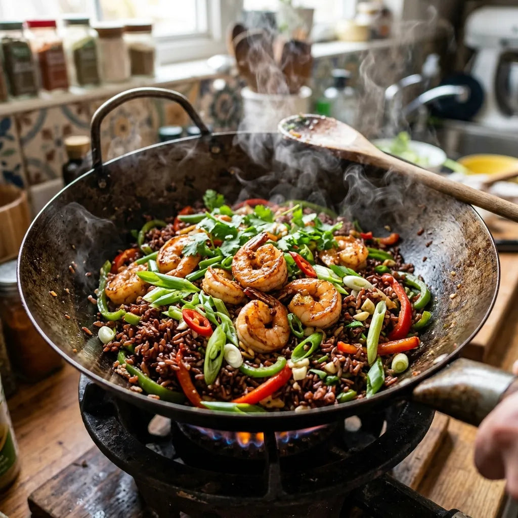A quick stir-fry dish made with Agriko organic red rice, tossed with fresh vegetables over high heat