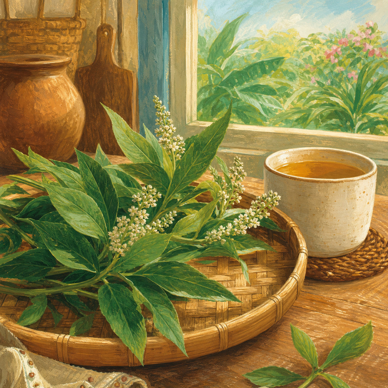 Sambong leaves and blossoms beside a warm cup of herbal tea