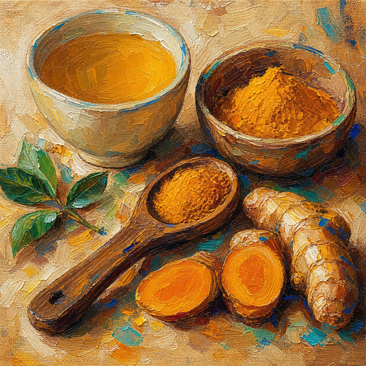 Measured turmeric powder with tea and roots for dosage guidance