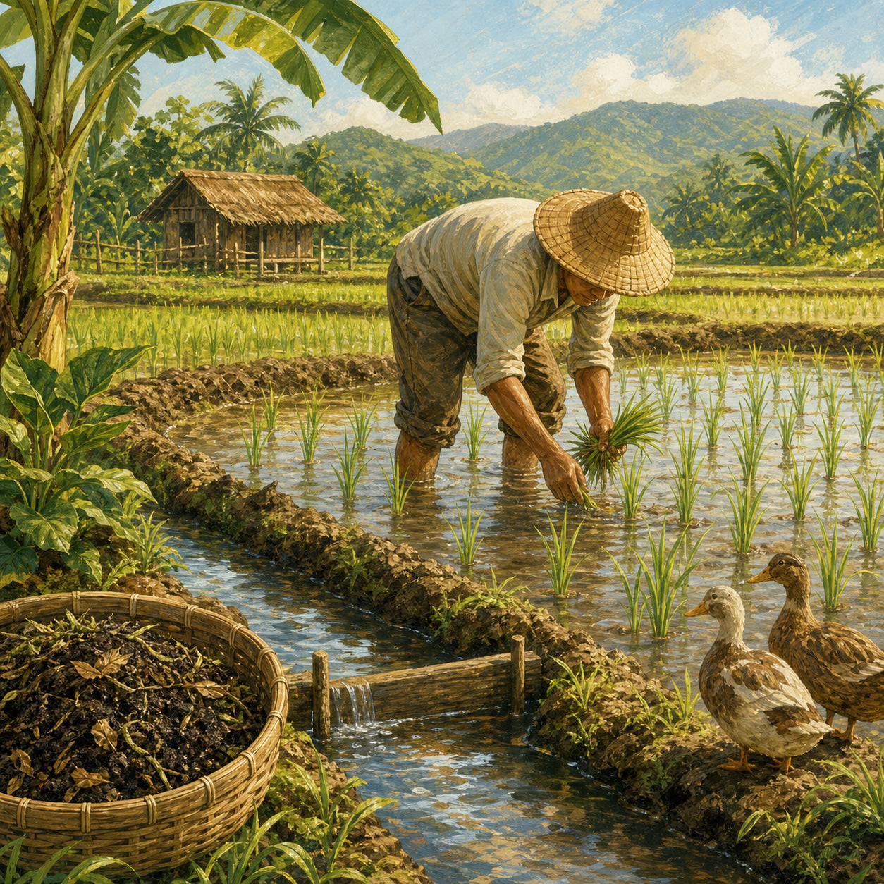 Organic rice paddy with healthy soil, clean water, ducks, and a farmer tending seedlings