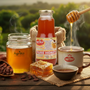Honey products including a jar, bottle, and honeycomb with Agriko branding on a wooden table outdoors.