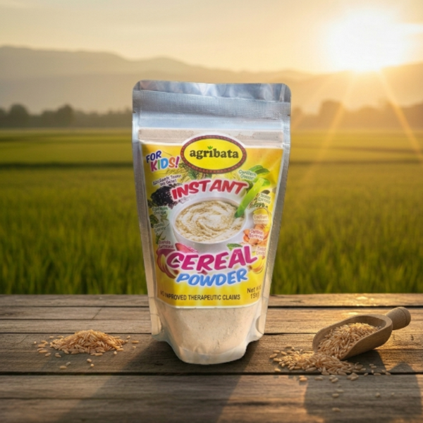 Agribata cereal powder package with a scenic background