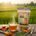 5n1 Turmeric Tea Powder Blend package beside a prepared cup and turmeric roots
