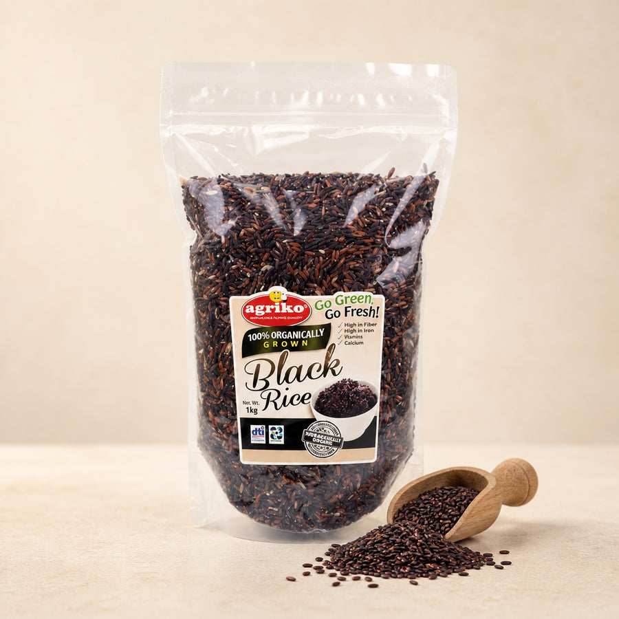 Agriko Organic Black Rice pouch with raw grains