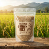 Package of heritage brown rice with a scenic background of a rice field and mountains.