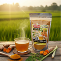 5n1 Turmeric Tea Powder Blend package beside a prepared cup and turmeric roots