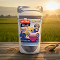 Agriko Blue Terna Tea Powder packaging with a scenic background