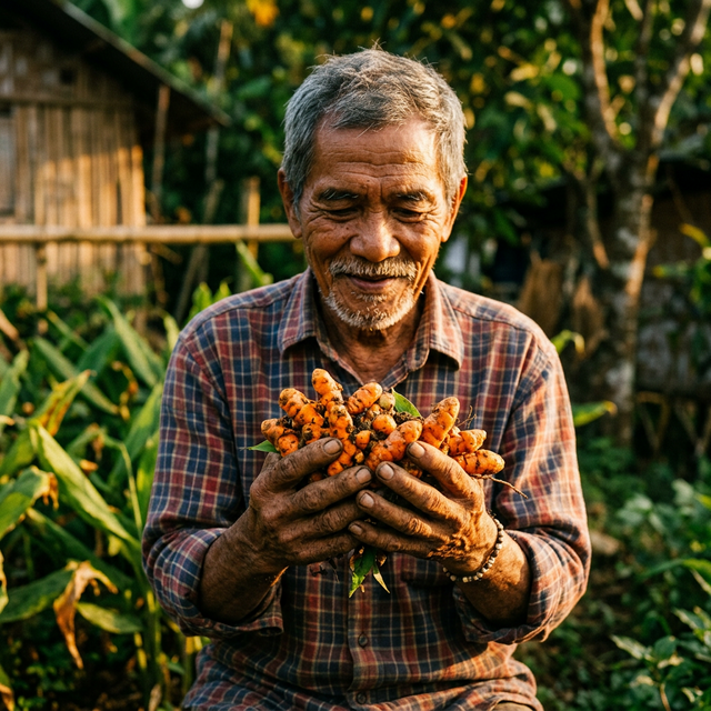 Filipino elder holding fresh turmeric