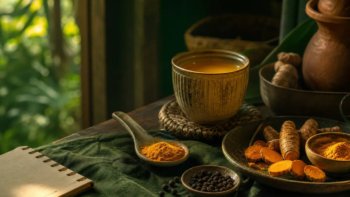 Measured turmeric powder, black pepper, turmeric roots, and warm tea on a Philippine kitchen table