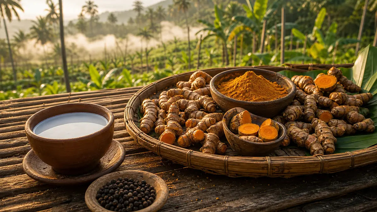 Turmeric roots, golden turmeric powder, coconut milk, and black pepper on a Mindanao farm drying table