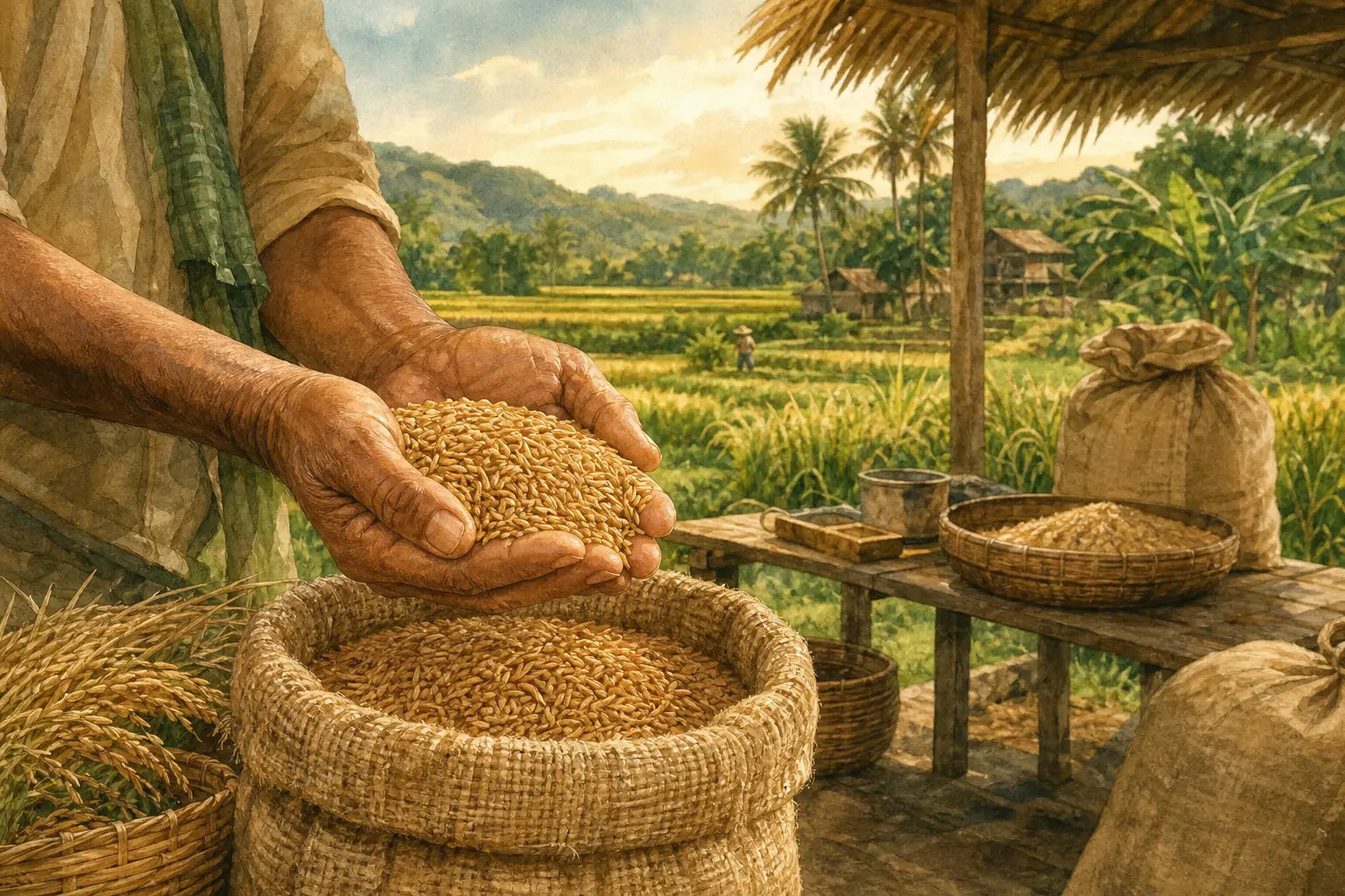 Illustration of Filipino organic rice farmers packing brown rice near rice fields