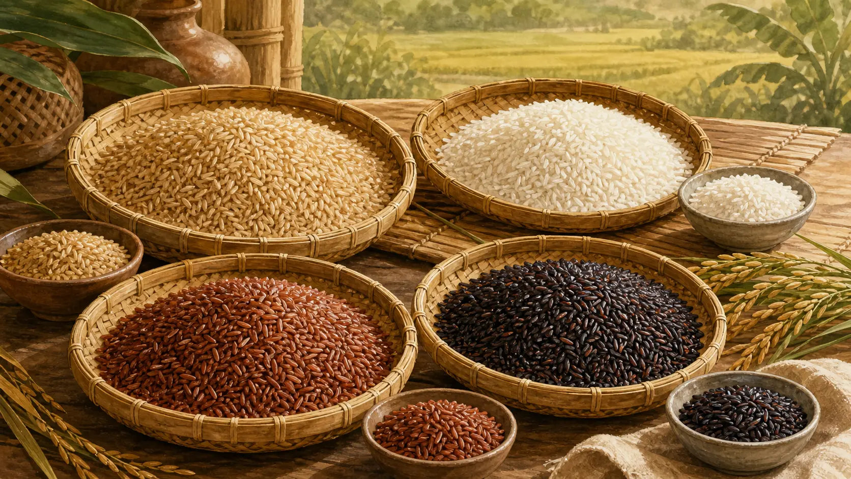 Illustrated bowls of brown, white, red, and black rice on a Filipino farm table
