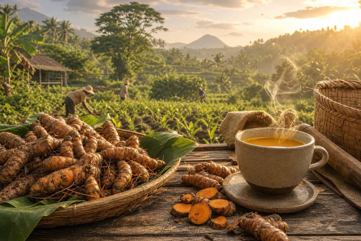 Illustrated Philippine organic farm at sunrise with harvested turmeric roots and a steaming cup of turmeric tea