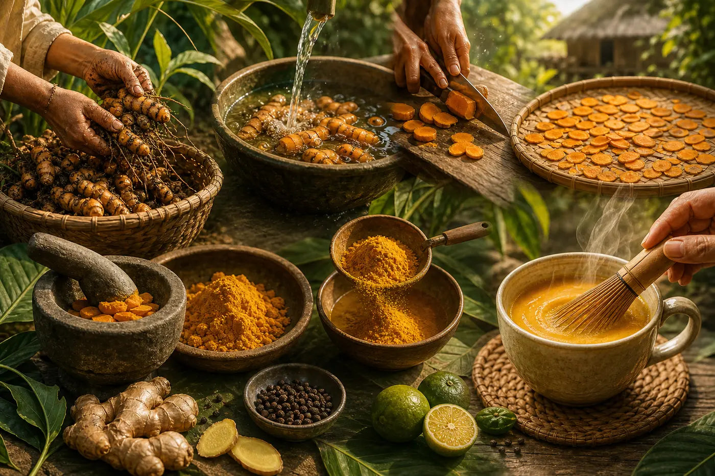 Illustrated process from fresh turmeric root to dried slices, powder, and brewed turmeric tea