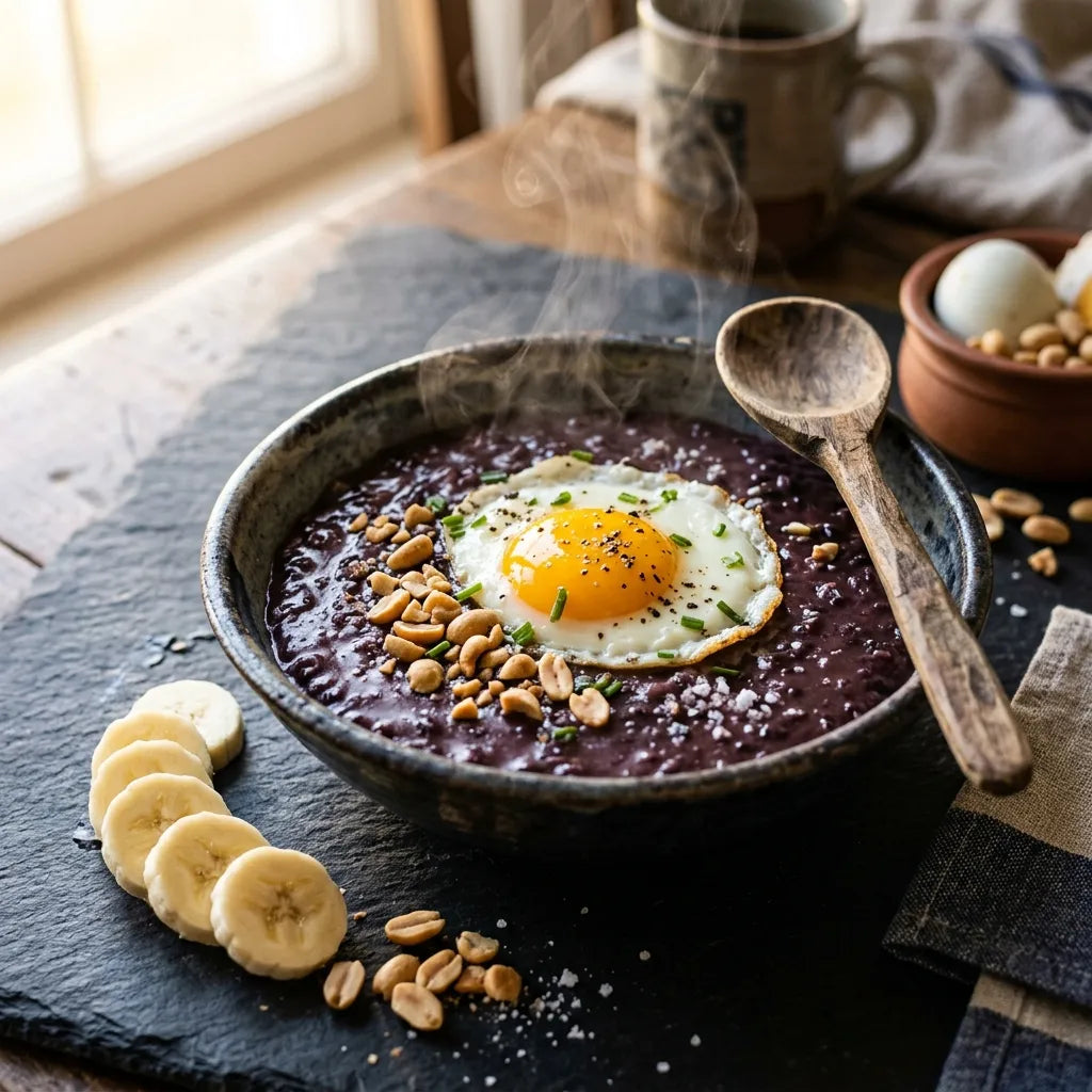 Black rice champorado in a bowl