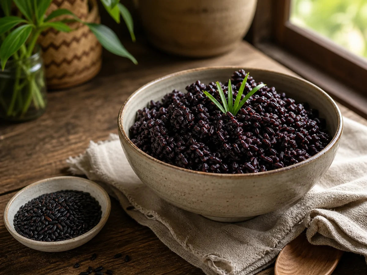 Cooked black rice bowl with vegetables
