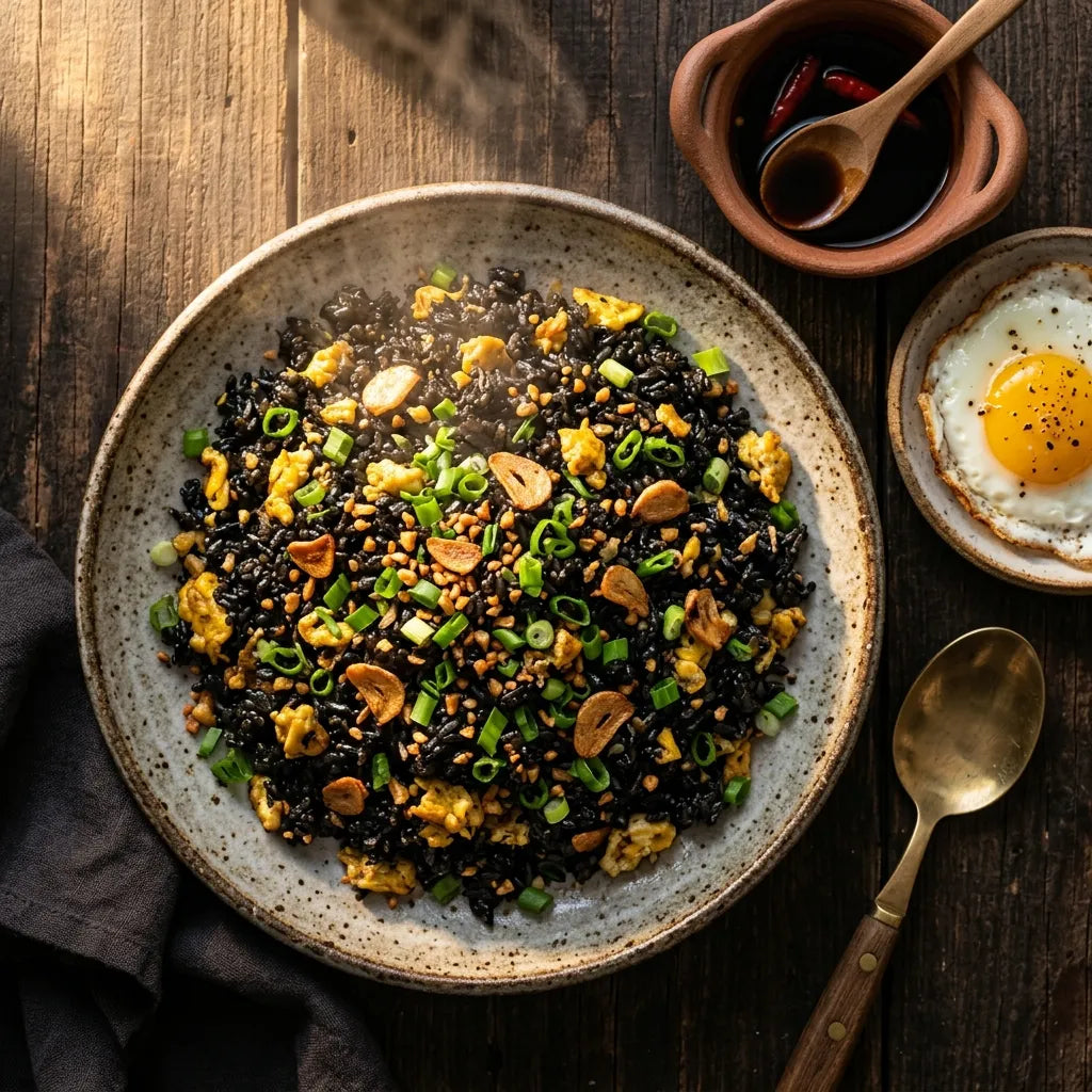 Black rice sinangag with Filipino breakfast ingredients