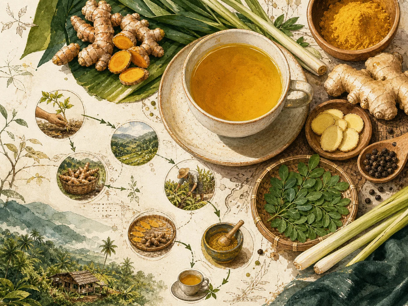 Editorial illustration of turmeric ginger tea with black pepper, moringa, lemongrass, and farm-to-cup details