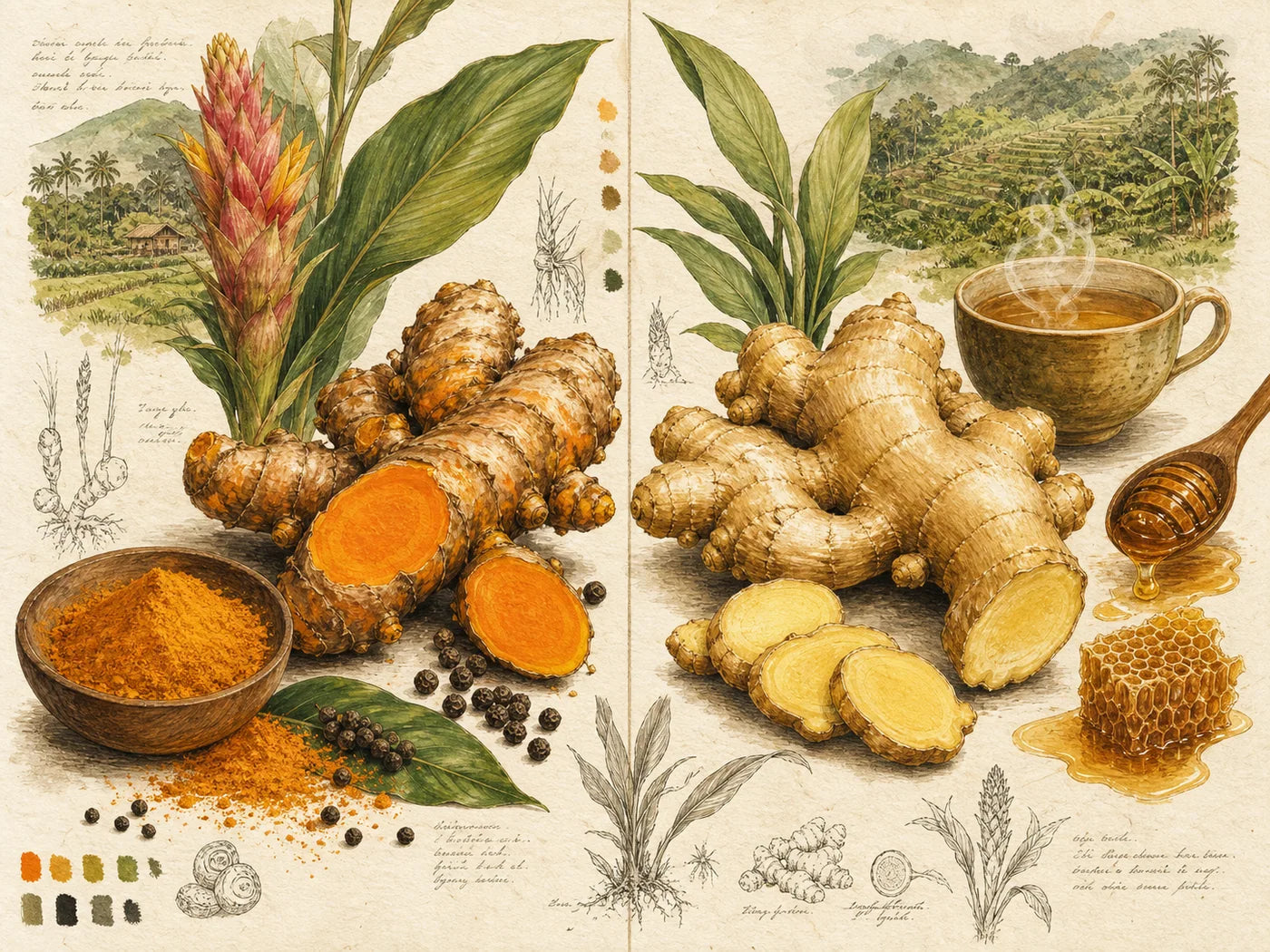 Editorial illustration comparing turmeric rhizome and ginger rhizome with warm botanical details